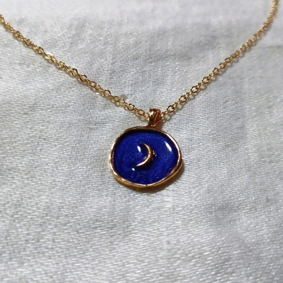 Oil drop blue crescent moon necklace gold pendant charm handmade jewelry - Picture 2 of 5